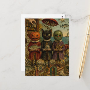 Postal Niños Antiguos con Máscaras de Halloween Espeluzna