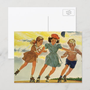 Postal Niños antiguos, diversión de patinaje sobre ruedas