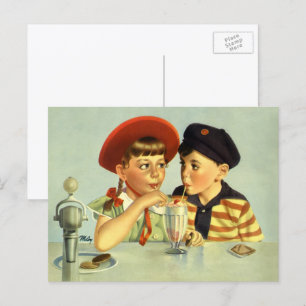 Postal Niños antiguos, niño y niña compartiendo un batido