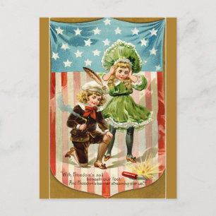 Postal Niños Antiguos Prendiendo un Petardo