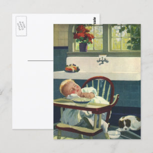 Postal Niños Antiguos, Silla Alta de Bebé en la Cocina
