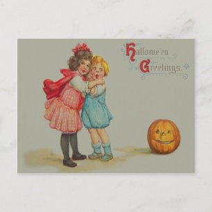 Postal Niños Asustados Sonriendo Jack O' Lantern Calabaza