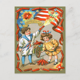 Postal Niños Bandera Americana Fuegos Artificiales Petard