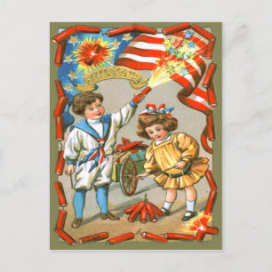 Postal Niños Bandera Americana Fuegos Artificiales Petard