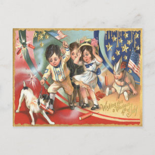Postal Niños Bandera de EE. UU. Perro Fuegos artificiales