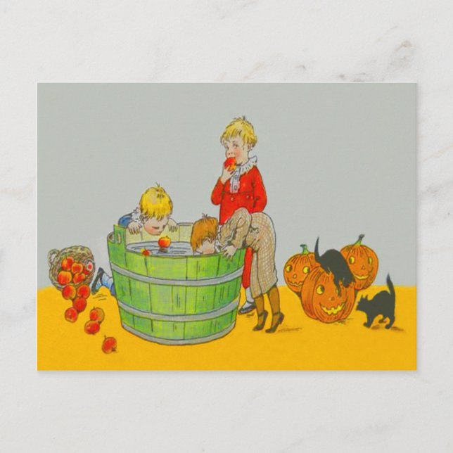 Postal Niños Bobinando Para Manzanas Linterna Jack O' (Anverso)