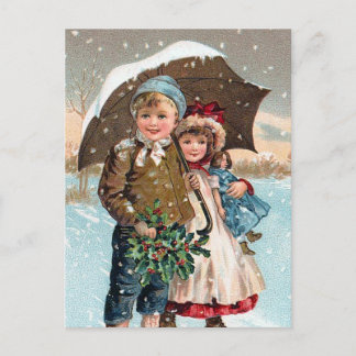 Postal Niños caminando por la nieve