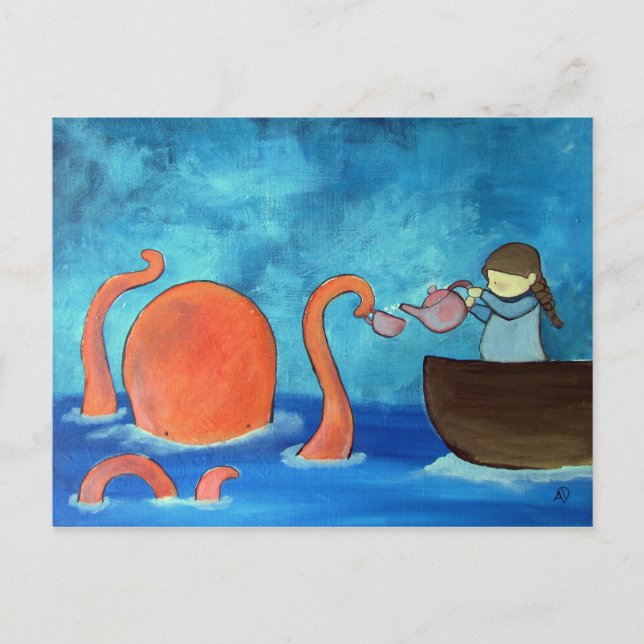 Postal Niños caprichosos Chica de arte Octopus Tea Fiesta (Anverso)