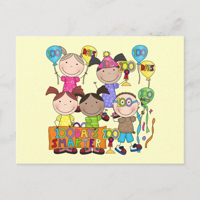 Postal Niños con la figura de stick 100 días más intelige (Anverso)