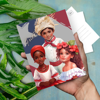 Postal Niños con ropa tradicional de Puerto Rico