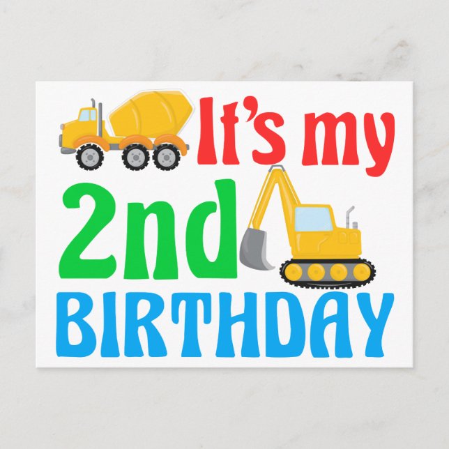 Postal Niños Cumpleaños 2do Niño Vehículo de Construcción (Anverso)