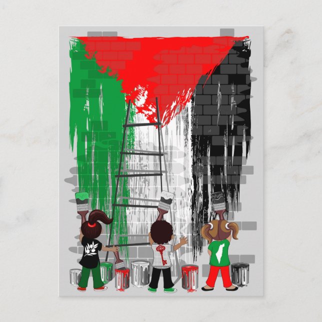 Postal Niños de Gaza pintando la bandera palestina (Anverso)
