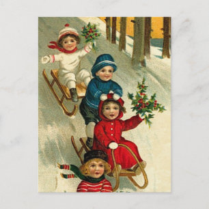Postal Niños de Ilustracion añejo duermen en invierno