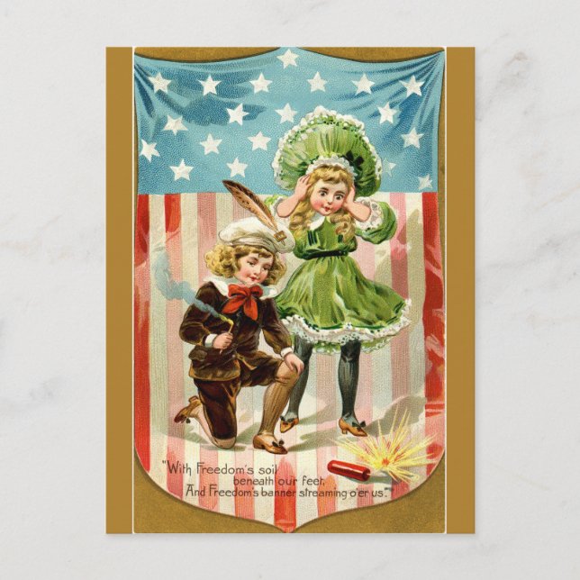 Postal Niños de la época iniciando un cohete (Anverso)