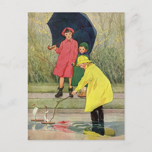 Postal Niños de la época jugando a las charcutería Lluvia (Anverso)