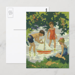 Postal Niños de la época jugando a veleros de juguete