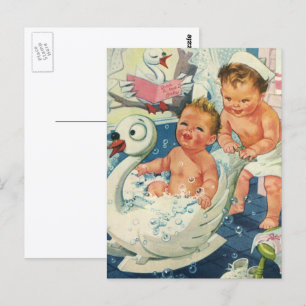 Postal Niños de la época jugando con burbujas en la bañer