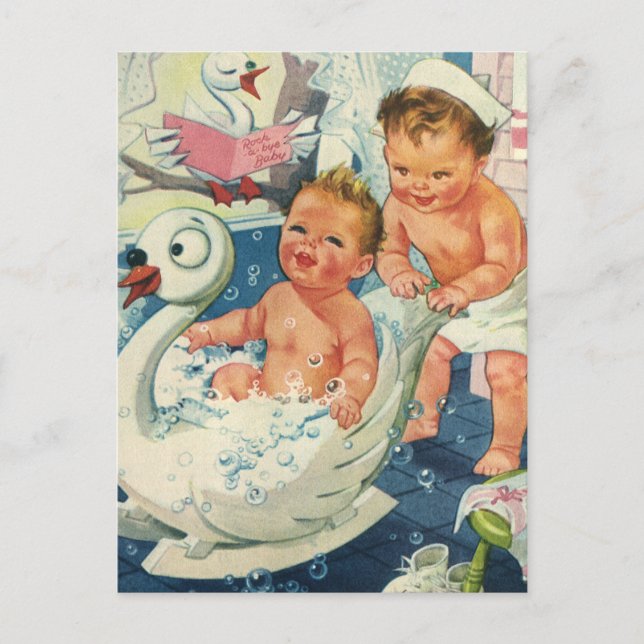 Postal Niños de la época jugando con burbujas en la bañer (Anverso)