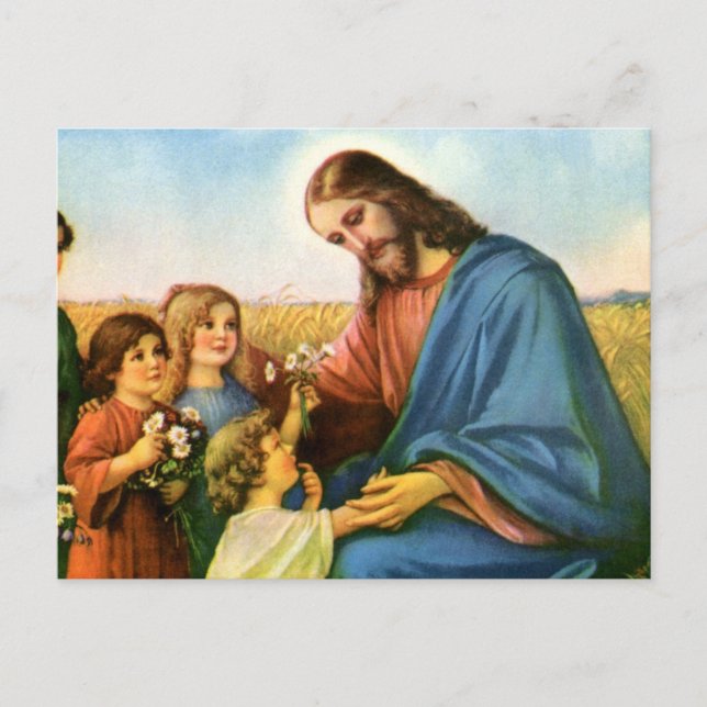 Postal Niños de la época llevan flores a Jesucristo (Anverso)
