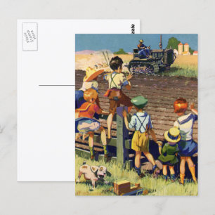 Postal Niños de la época saludando a granjeros locales en