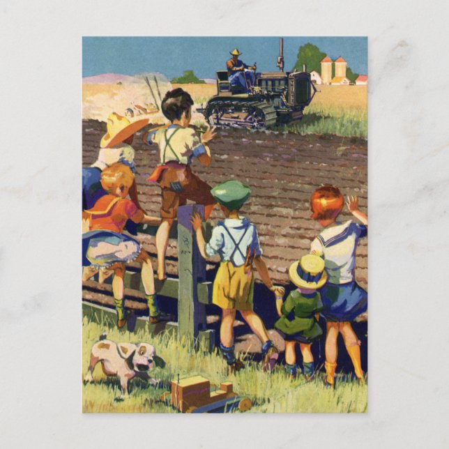 Postal Niños de la época saludando a granjeros locales en (Anverso)