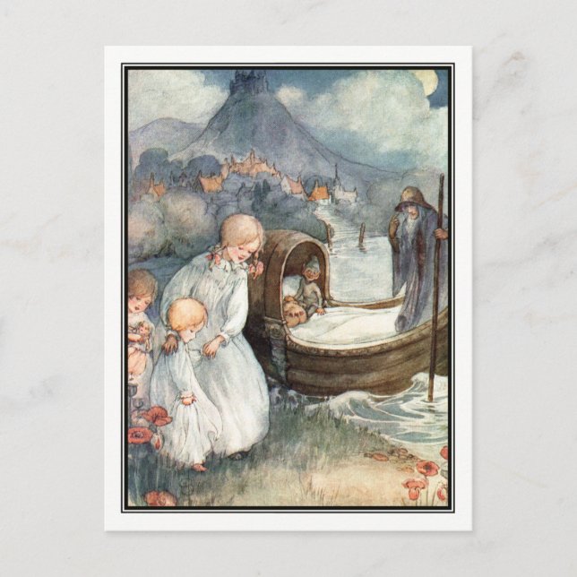 Postal Niños de la época y ferry por Anne Anderson (Anverso)
