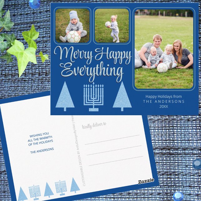 Postal Niños de la Familia Interconfesional Merry Blue 3  (Celebrate Christmas and Hanukkah together with these blue Merry Happy Everything holiday postcards)