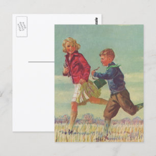 Postal Niños de la vieja escuela que van a la escuela lle