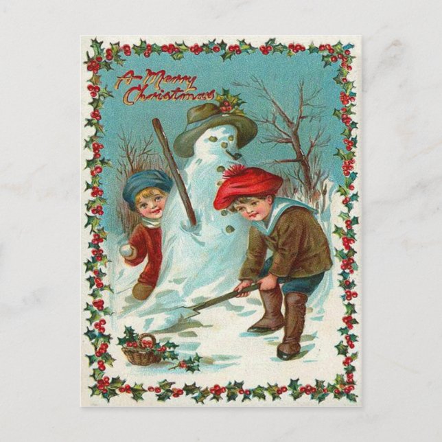 Postal Niños de muñeco de nieve Acebo (Anverso)
