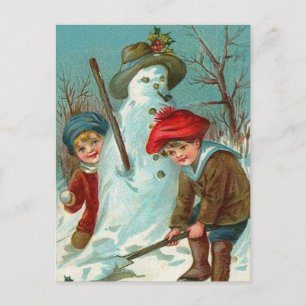 Postal Niños de muñeco de nieve Acebo