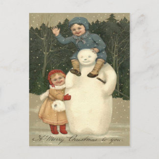 Postal Niños de muñeco de nieve jugando nevada Nieve