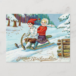 Postal Niños de Navidad vintage en trineo