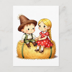Postal Niños del campo en un fardo de heno,