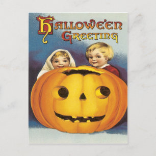 Postal Niños Detrás De Una Postcarta Vintage De Calabaza