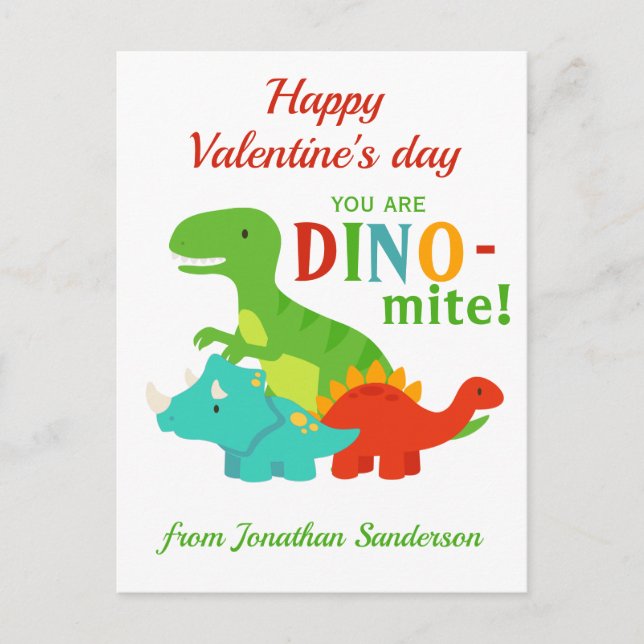 Postal Niños Día de San Valentín Dinosaurios Dino-mite co (Anverso)