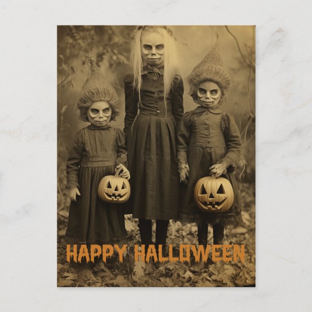 Postal Niños espeluznantes de Halloween retro con calabaz (Anverso)