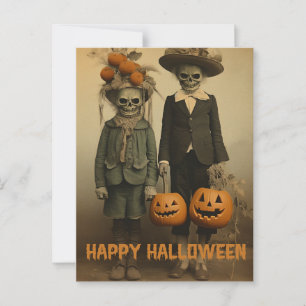 Postal Niños espeluznantes de Halloween retro con calabaz