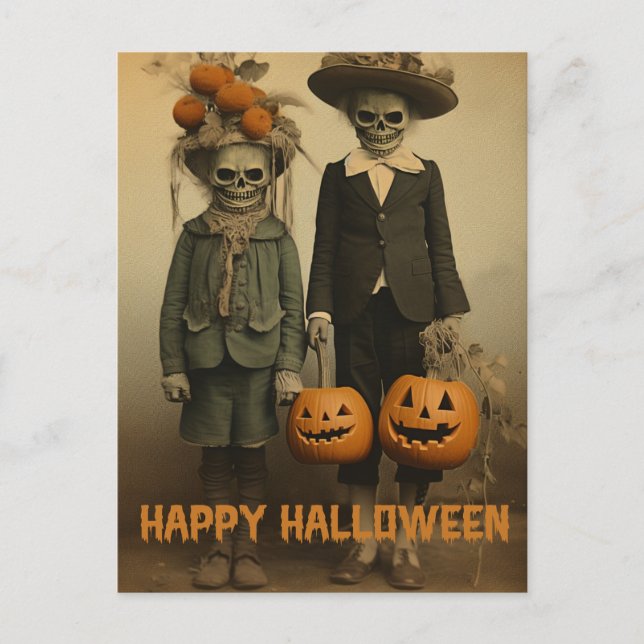 Postal Niños espeluznantes de Halloween retro con calabaz (Anverso)