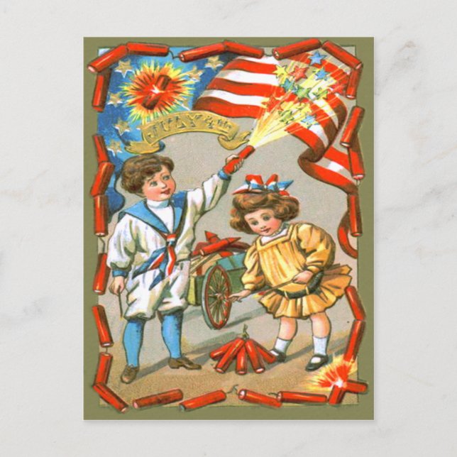 Postal Niños Estados Unidos Bandera Fuegos Artificiales (Anverso)