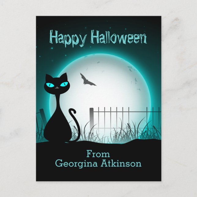Postal Niños Felices Halloween Gato Negro (Anverso)