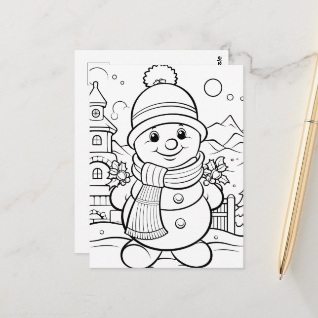 Postal Niños festivos de Snowman coloreando (Anverso/Reverso In Situ)