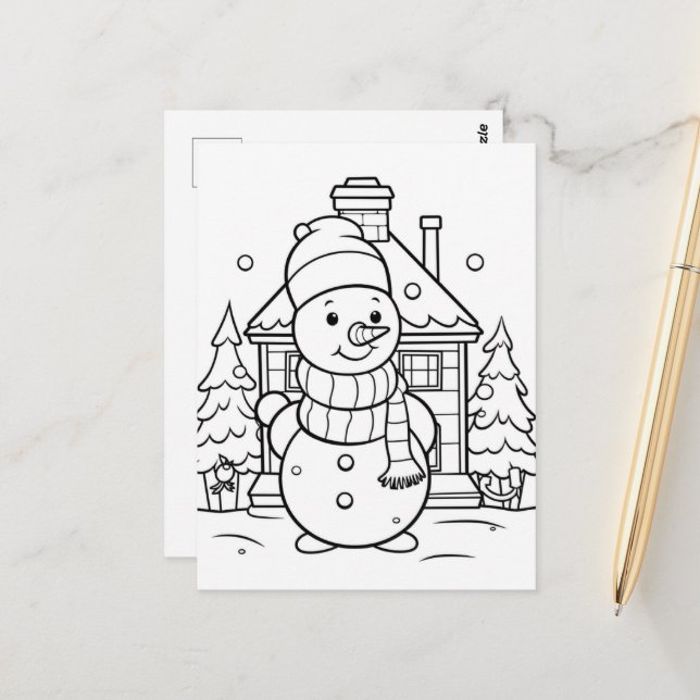 Postal Niños festivos de Snowman coloreando (Anverso/Reverso In Situ)