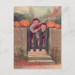 Postal Niños Jack O Lantern Calabaza Cerca