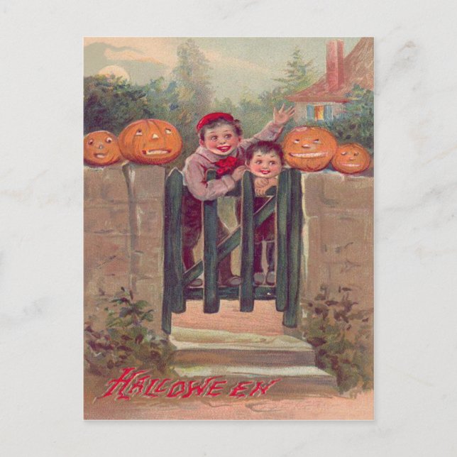 Postal Niños Jack O Lantern Calabaza Cerca (Anverso)