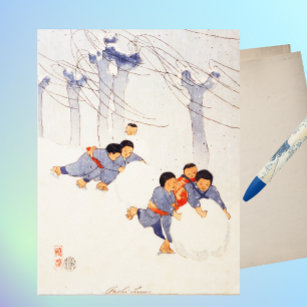Postal Niños japoneses rodando grandes bolas de nieve