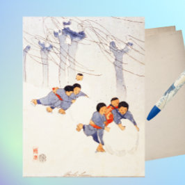 Postal Niños japoneses rodando grandes bolas de nieve