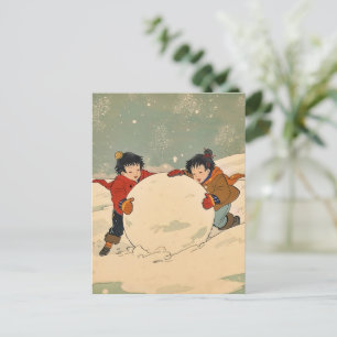 Postal Niños japoneses rodando una gran bola de nieve