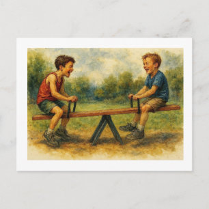 Postal Niños jugando en el subibaja, 