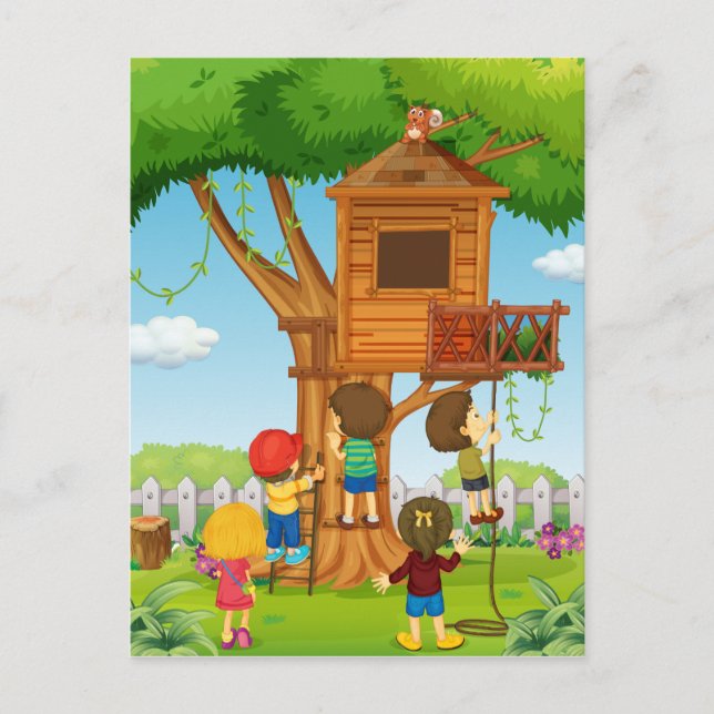 Postal Niños jugando en la casa del árbol (Anverso)