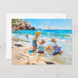 Postal Niños jugando en la playa - Arte impresionista